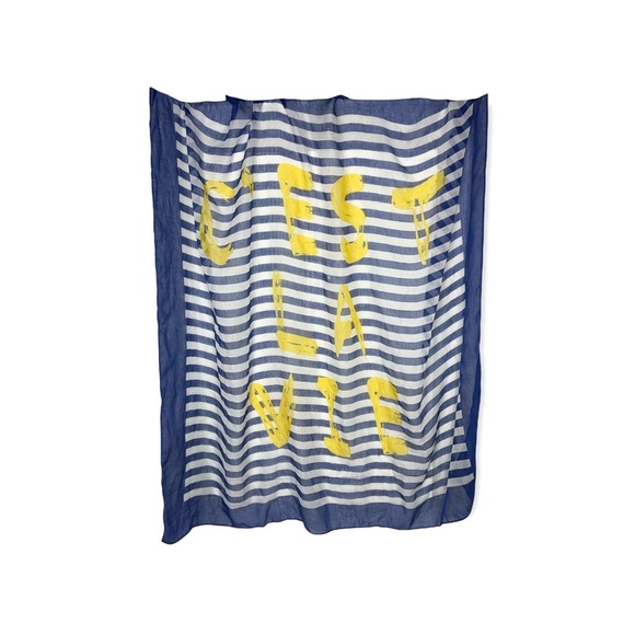 C’EST LA VIE Navy Blue Stripe & Yellow Scarf - Picture 2 of 8